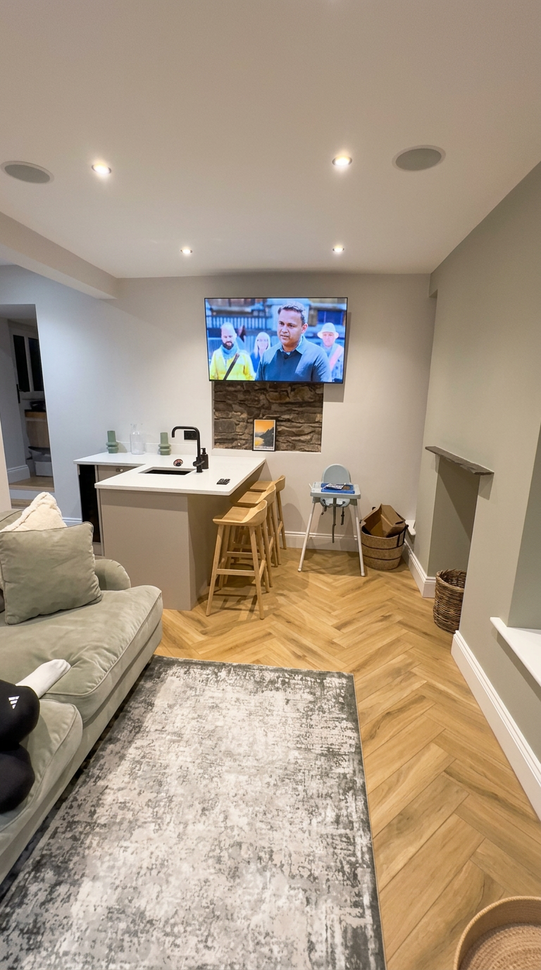 Cosy living room with lit log burner